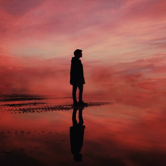 silhouette of man standing on beach during sunset