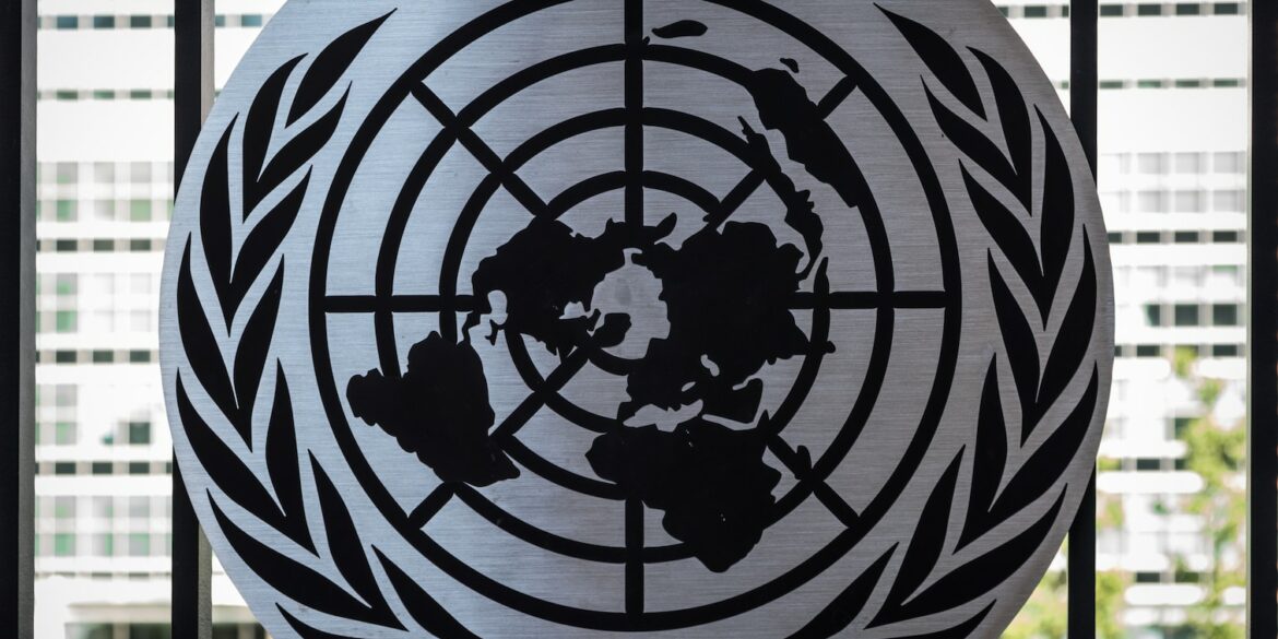 the united nations emblem is on display in front of a window