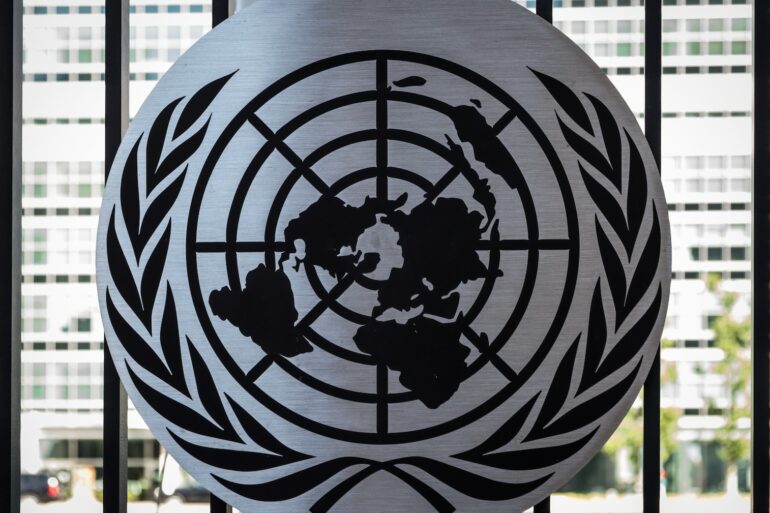 the united nations emblem is on display in front of a window