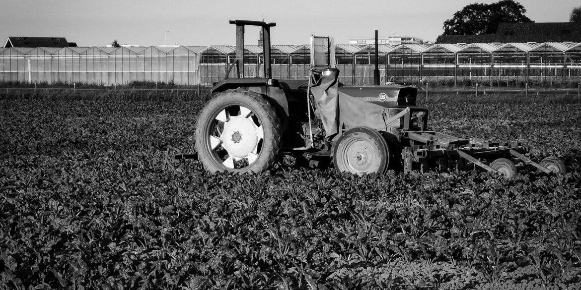 grayscale photo of tractor on grass field