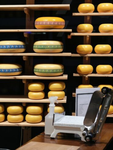 a display of cheese on shelves in a store