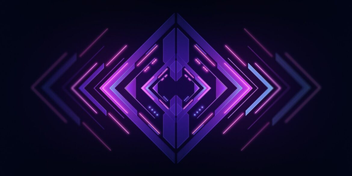 a dark background with a purple geometric design