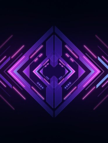 a dark background with a purple geometric design