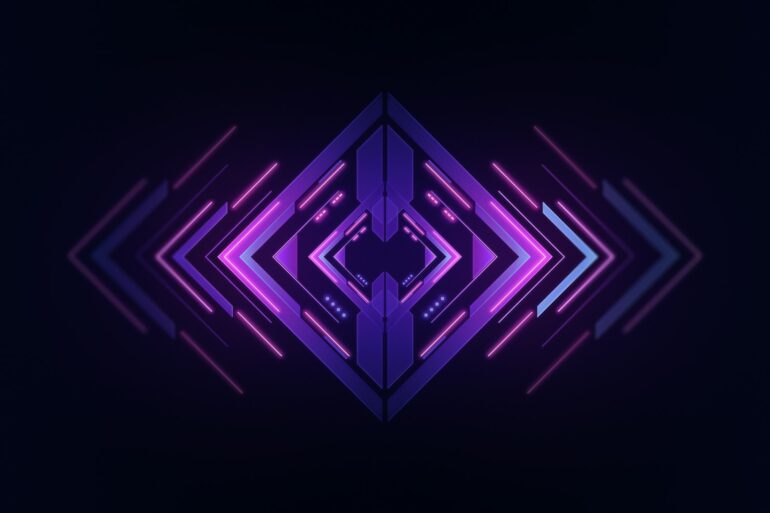 a dark background with a purple geometric design