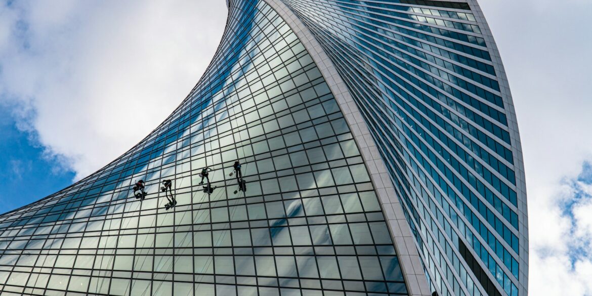 a tall glass building
