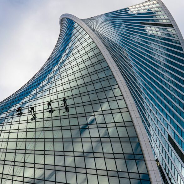 a tall glass building