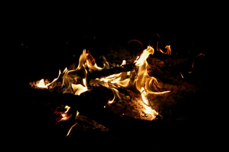 a close up of a fire in the dark