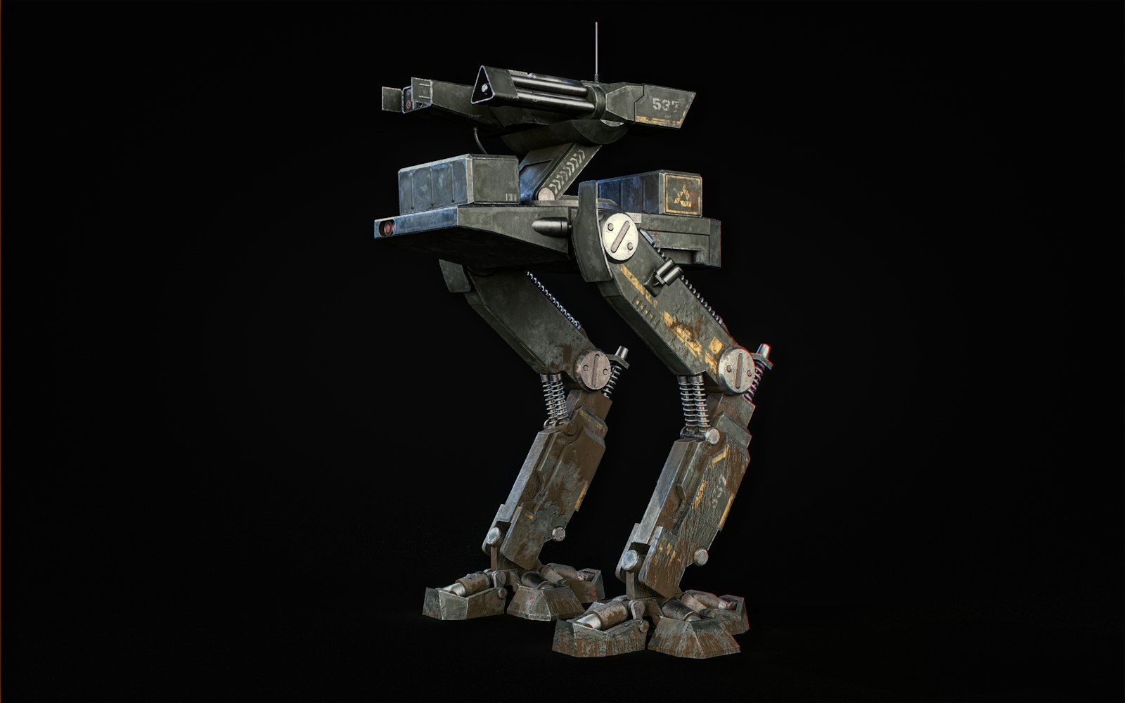 A picture of a robot that is in the dark