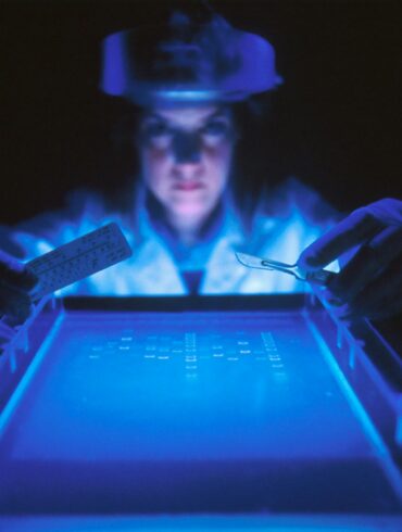 woman doing research while holding equipment