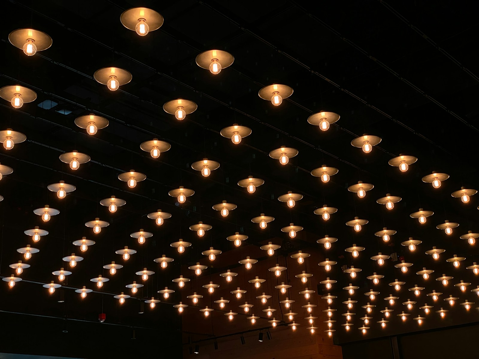 A room with a lot of lights hanging from the ceiling