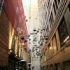 birdcages hanging on strings outside building