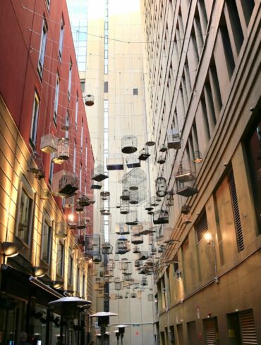 birdcages hanging on strings outside building