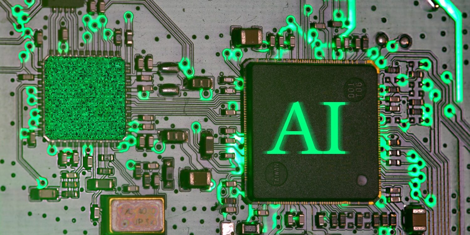 Glowing ai chip on a circuit board.