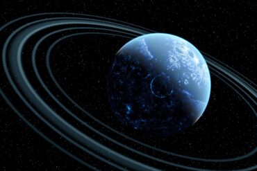 Blue planet with rings in outer space