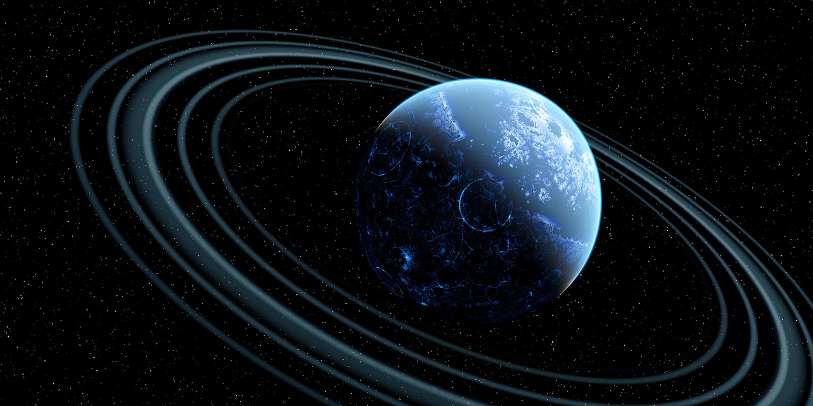 Blue planet with rings in outer space