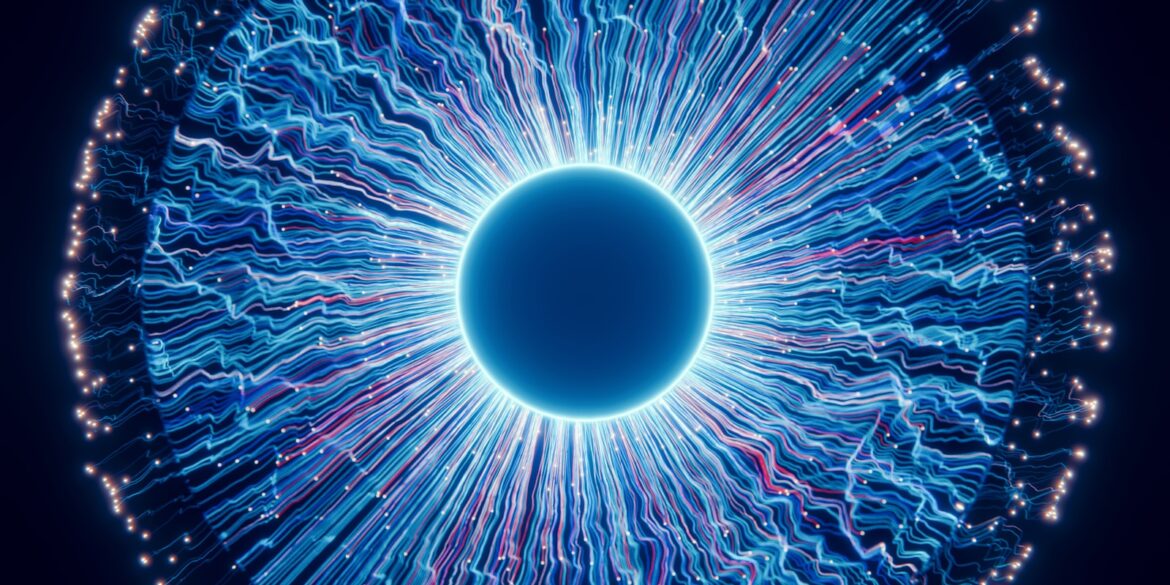 A close up of a blue eyeball in the dark