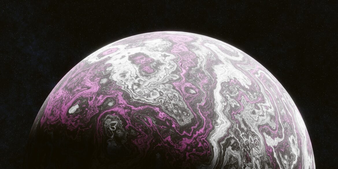 A purple and white marbled object on a black background