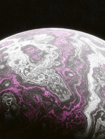 A purple and white marbled object on a black background