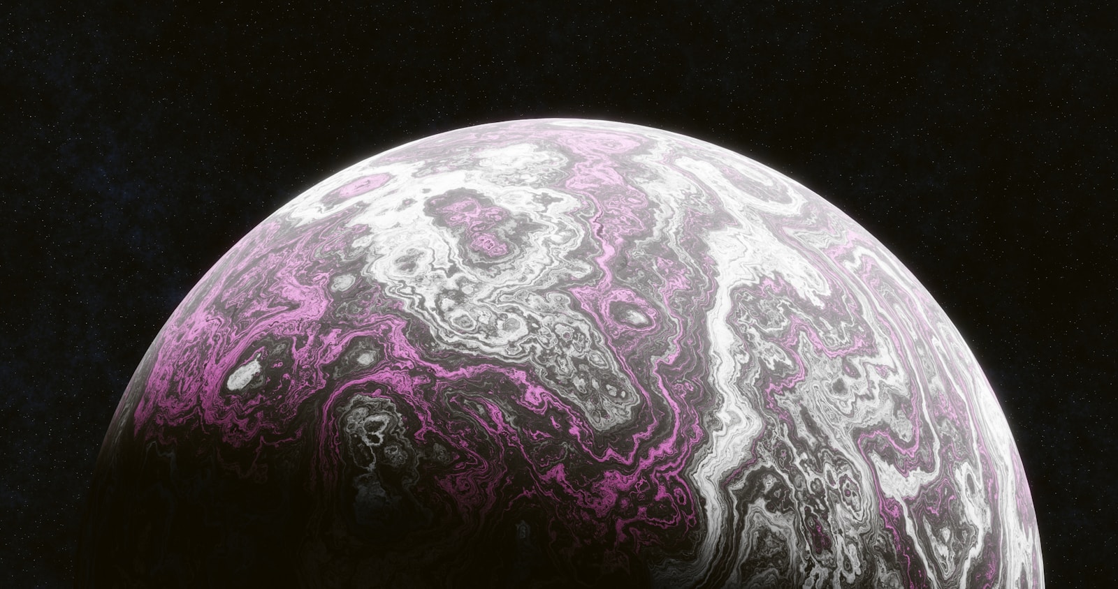 A purple and white marbled object on a black background