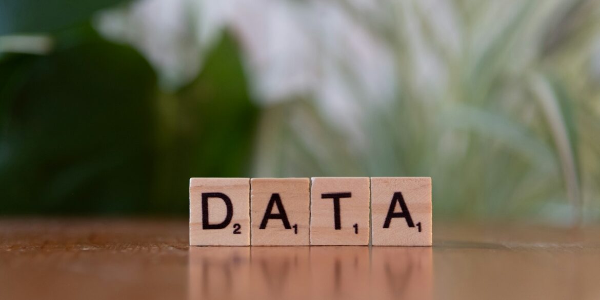 A wooden block spelling data on a table