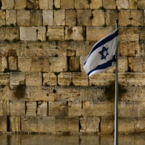 a flag is flying in front of a wall of bricks
