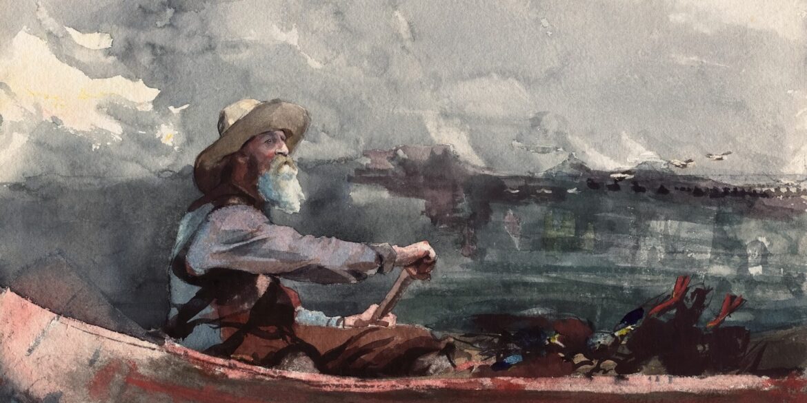Man in canoe paddling through choppy water