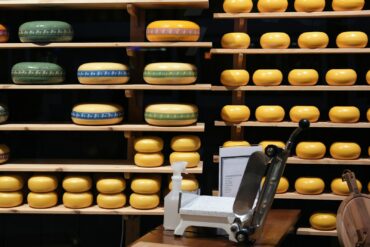 a display of cheese on shelves in a store